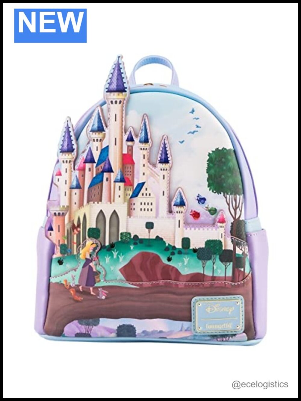 Faux Leather Adjustable Shoulder Bag Satchel with Sleeping Beauty Castle Print